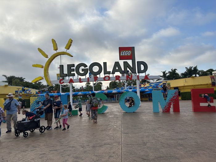 The iconic LEGOLAND California entrance sign greets us at the gate.