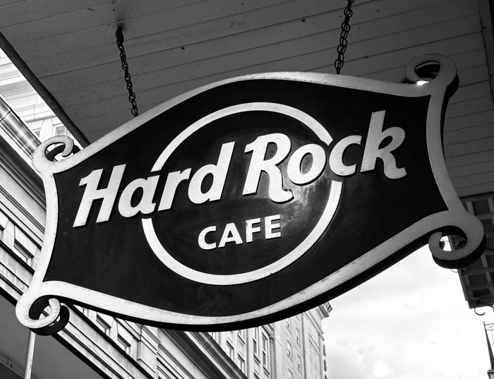The glowing Hard Rock Cafe sign marking our New Orleans stop.