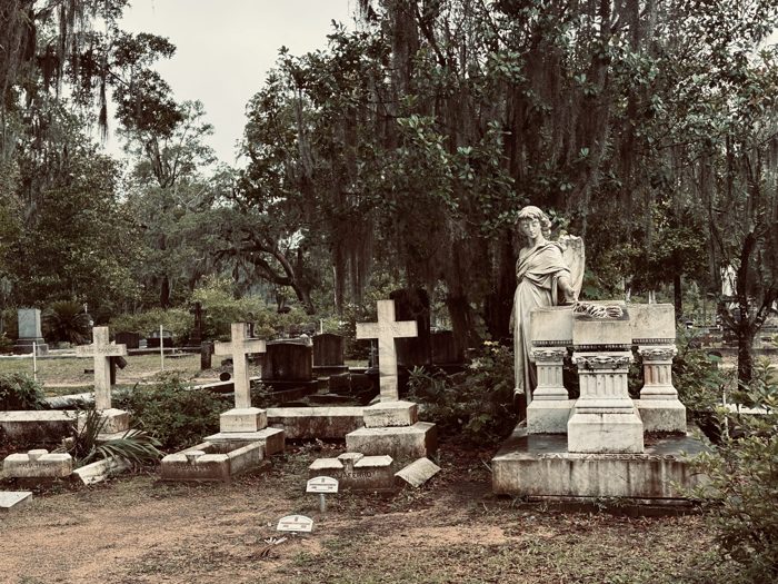 A cluster of crosses and grave markers gathers beneath the live oaks at Bonaventure.