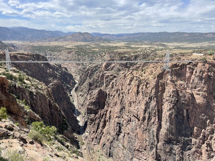 Looking straight down into the Royal Gorge with the river winding far below.