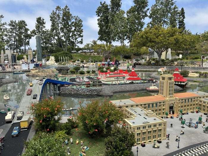 A sprawling LEGO-brick city skyline rises in Miniland's detailed downtown.