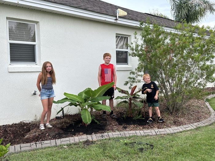 The three kids pose together by the new plantings, the house's roofline framing the shot.