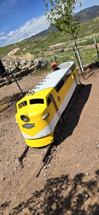 The little yellow train winding through the park's play area.