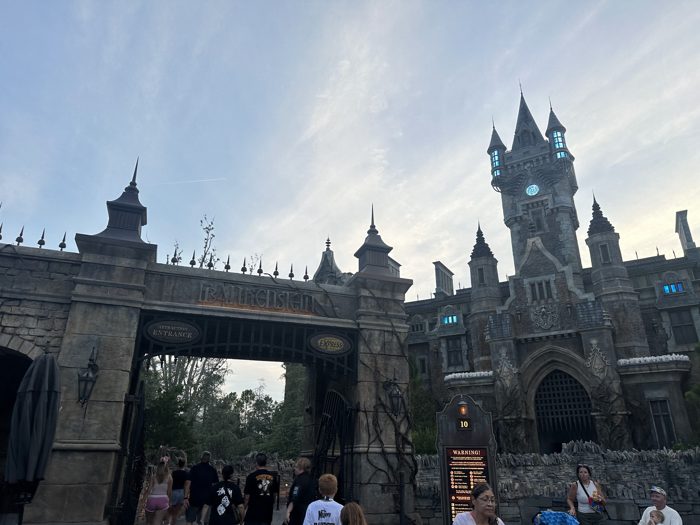 The gothic Frankenstein castle rises into the evening sky as we head toward the entrance.