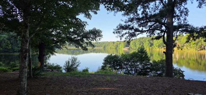 Another quiet morning view of the lake from camp, sunlight just starting to break through the trees.