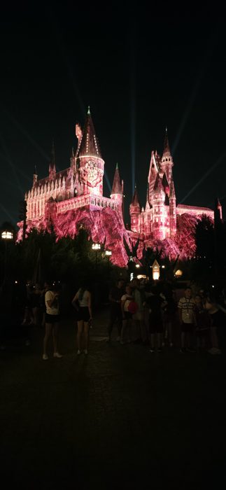 Looking straight up at the illuminated castle towers as the light show blazes overhead.