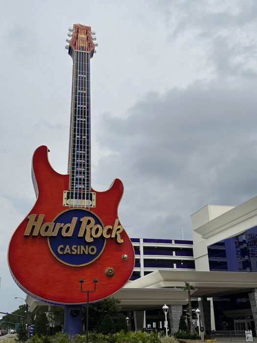 The enormous red guitar sculpture marking the entrance to Hard Rock Casino Biloxi.