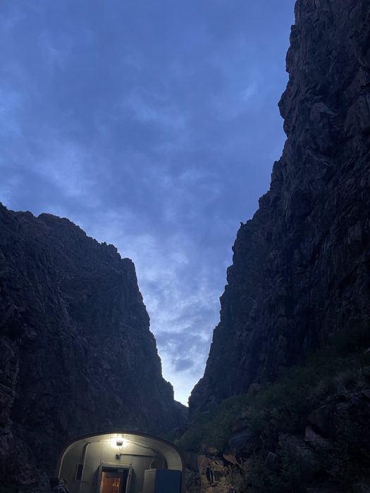 The train tracks following the Arkansas River deep through the gorge canyon.