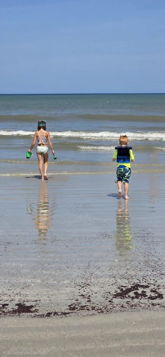 Wet sand mirrors the kids as they make their way back toward the surf.