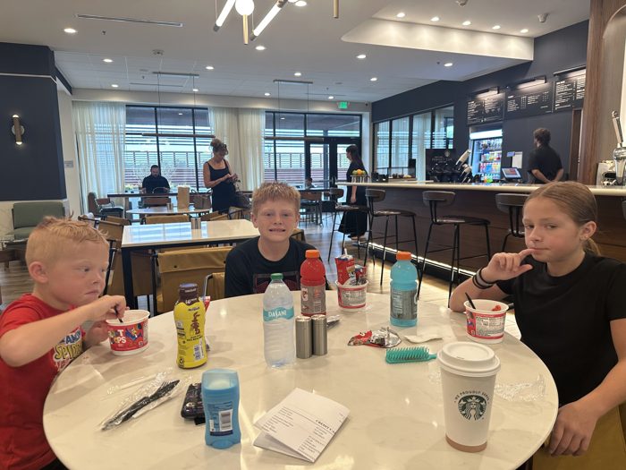 Fueling up on hotel breakfast before another day on the road.